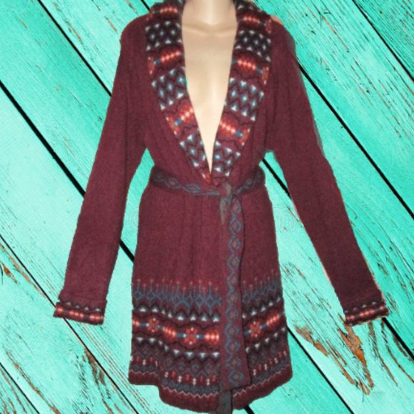 Wrangler Sweaters - Wrangler S NWT Western Burhundy Southwest Belted Cardigan Sweater Jacket